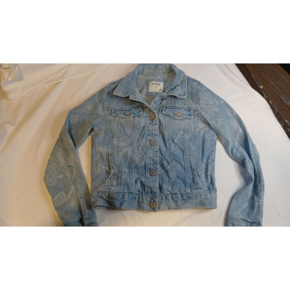 Mudd Womens Light Wash Denim Jacket White Floral Graphic Print XS Jean Trucker